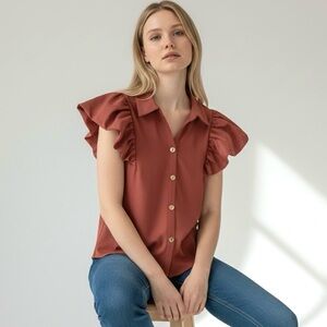 Madison Crepe Blouse with Contrasting Satin Double Flattered Sleeve Collared